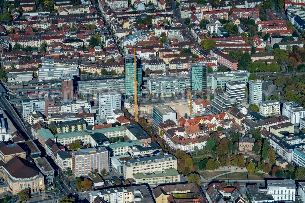 Freiburg im Breisgau from above - City view of downtown area on Colombipark in Freiburg im Breisgau in the state Baden-Wurttemberg, Germany