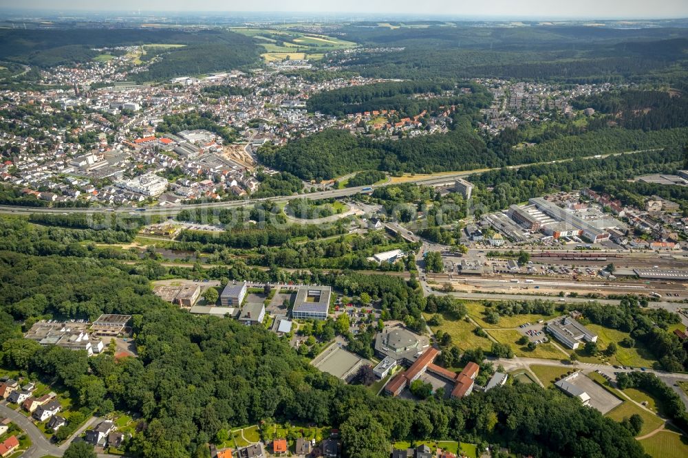 Arnsberg from the bird's eye view: City view of downtown area along the Autobahn A46 in the district Neheim in Arnsberg in the state North Rhine-Westphalia, Germany