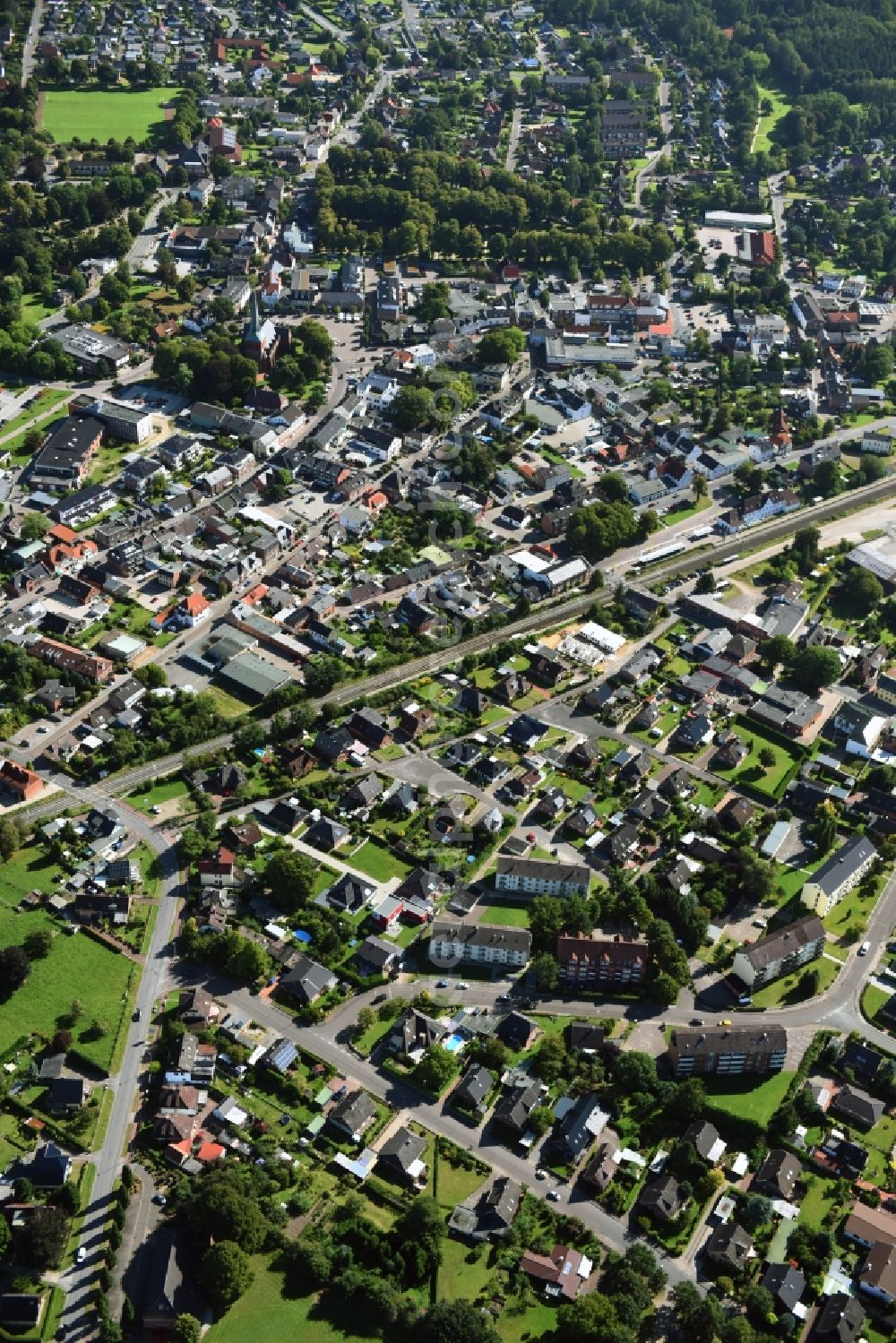 Nortorf from the bird's eye view: City view of downtown area along the Railroad in Nortorf in the state Schleswig-Holstein