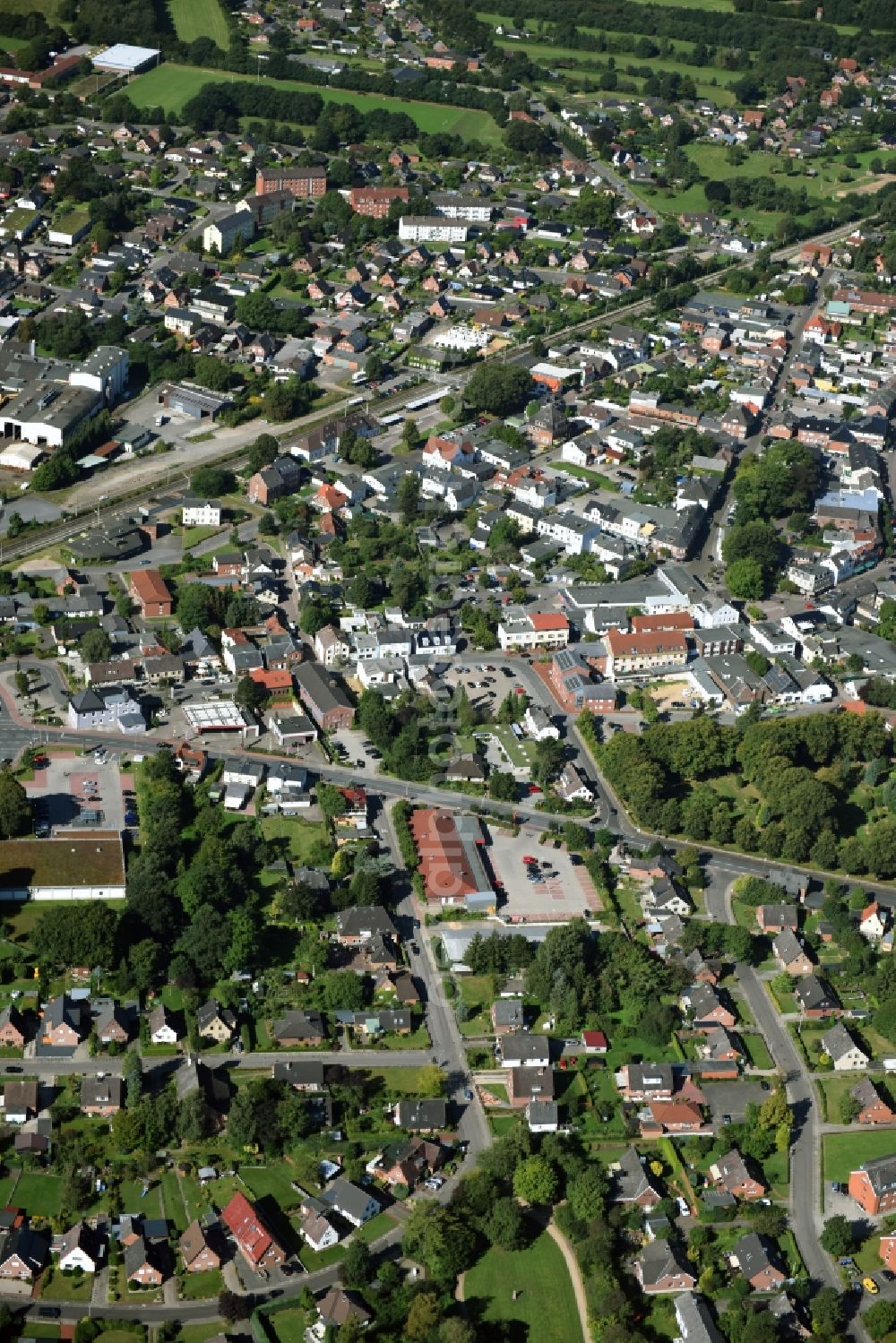 Nortorf from above - City view of downtown area along the Railroad in Nortorf in the state Schleswig-Holstein