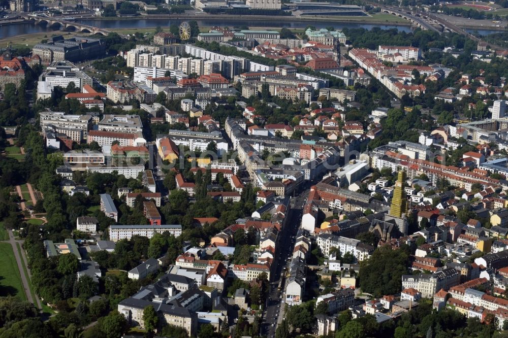 Aerial image Dresden - City view of downtown area along the Bautzner Strasse in Dresden in the state Saxony