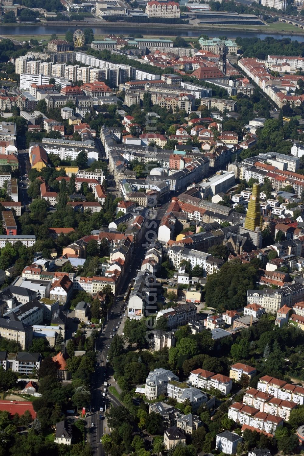 Aerial photograph Dresden - City view of downtown area along the Bautzner Strasse in Dresden in the state Saxony