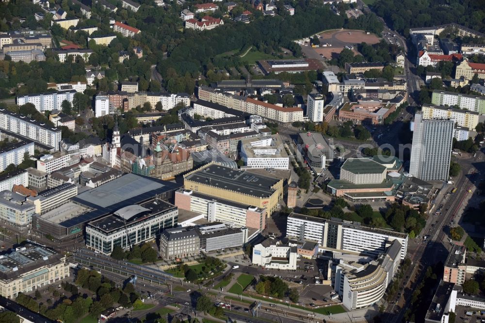 Chemnitz from the bird's eye view: City view of downtown area along the Brueckenstrasse and the Bahnhofsstrasse in Chemnitz in the state Saxony