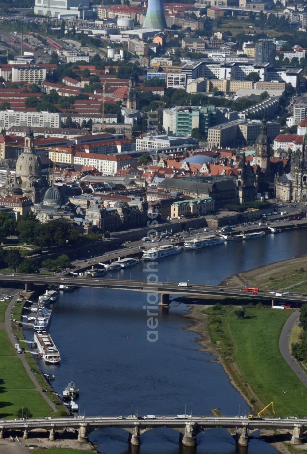 Dresden from above - City view of downtown area of the oldtown along river Elbe in Dresden in the state Saxony