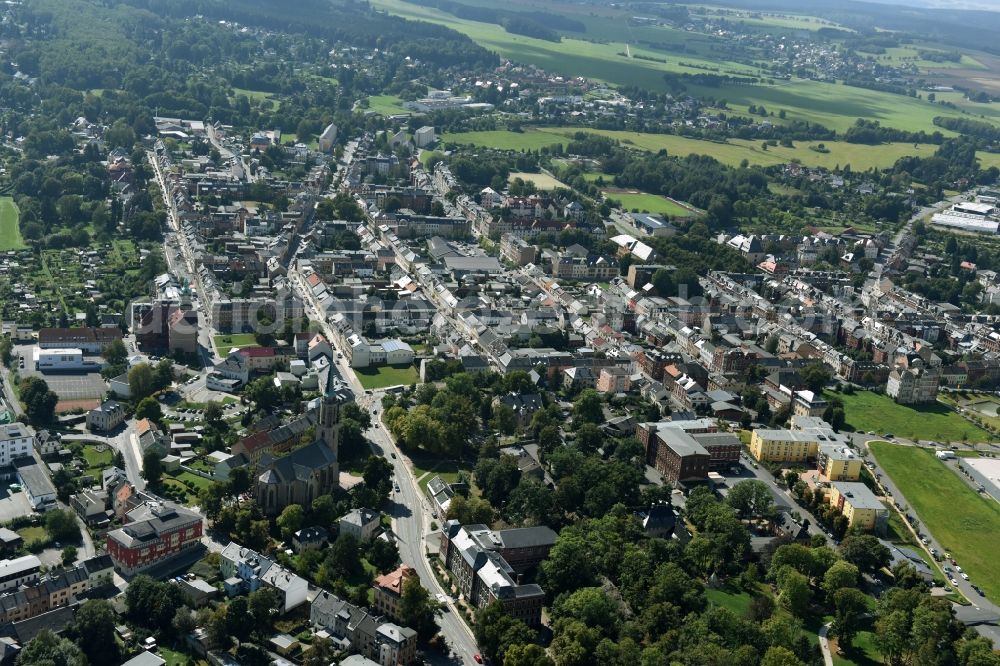 Falkenstein/Vogtland from above - City view of downtown area along the Hauptstrasse in Falkenstein/Vogtland in the state Saxony