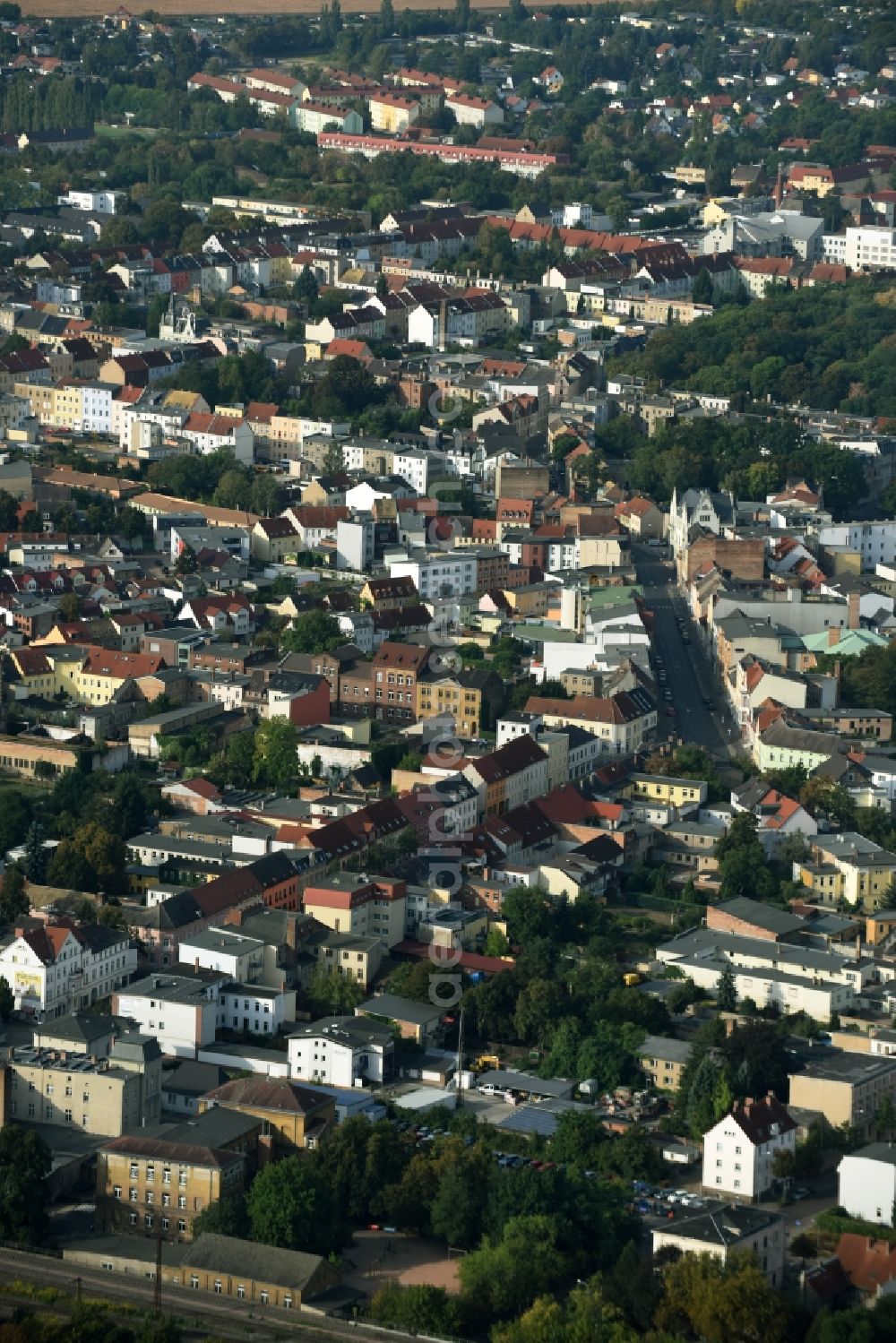 Köthen (Anhalt) from above - City view of downtown area along the Leopoldstreet in Koethen (Anhalt) in the state Saxony-Anhalt