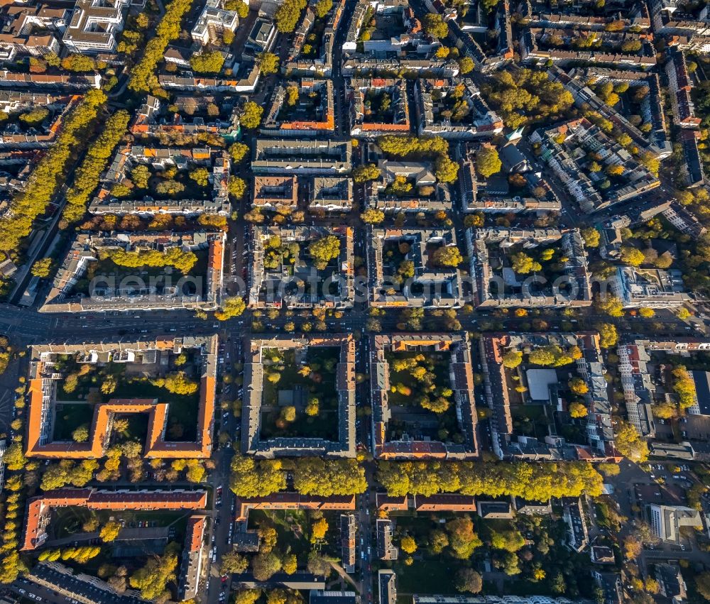 Dortmund from the bird's eye view: City view of downtown area along the Lindemannstrasse in Dortmund in the state North Rhine-Westphalia, Germany