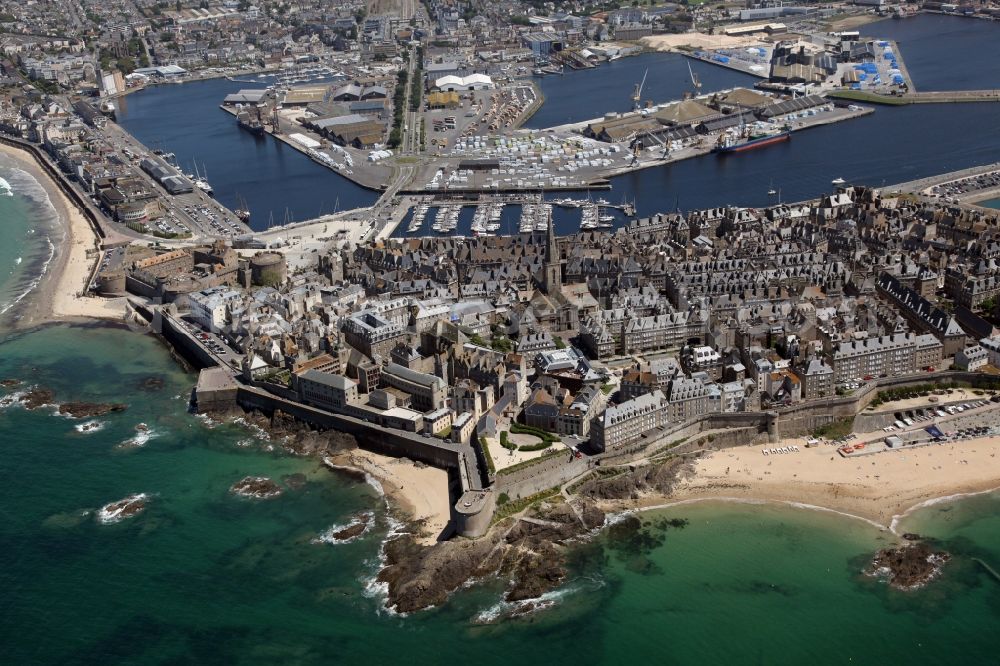 Aerial image Saint-Malo - City view of downtown area with fortress wall in Saint-Malo in Bretagne, France