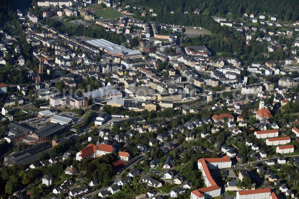 Aue from the bird's eye view: City view of downtown area at the banks of river Schwarzwasser in Aue in the state Saxony