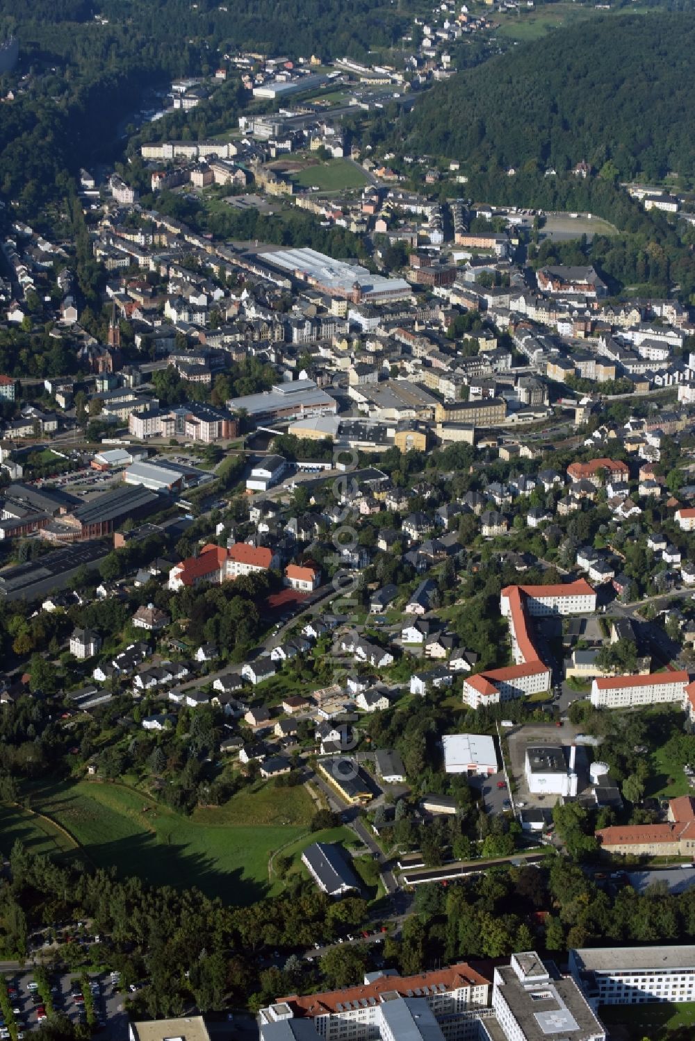 Aerial image Aue - City view of downtown area at the banks of river Schwarzwasser in Aue in the state Saxony