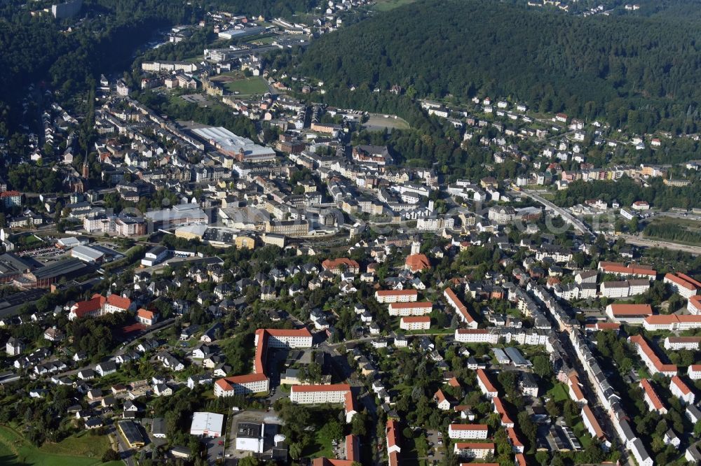 Aue from the bird's eye view: City view of downtown area at the banks of river Schwarzwasser in Aue in the state Saxony