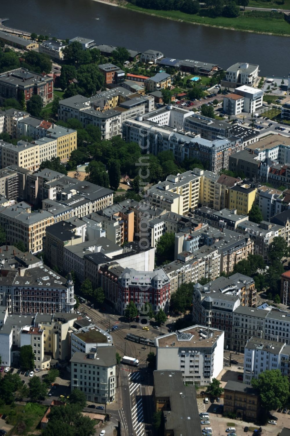 Aerial image Magdeburg - City view of downtown area with the Hasselbach place in Magdeburg in the state Saxony-Anhalt