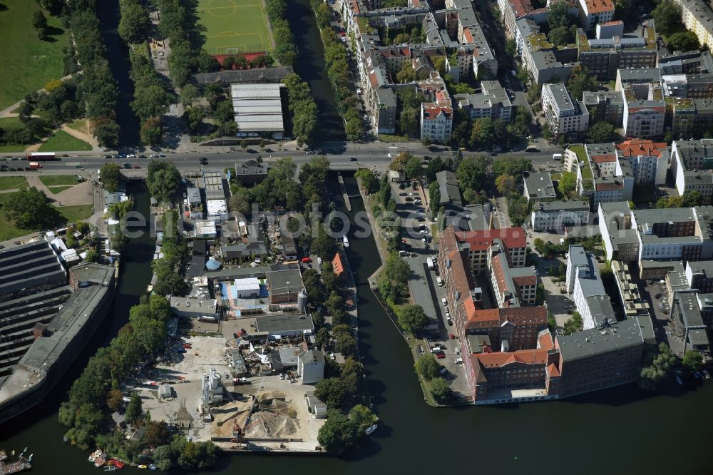 Berlin from above - City view of the inner city area Heckmannufer in Berlin. Street in the Friedrichshain-Kreuzberg district of Berlin. City view of the city center along the Landwehrkanal along