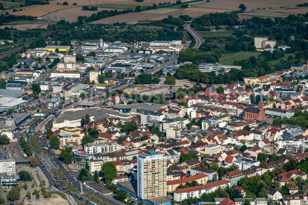 Kehl from above - City view of downtown area along the Bundesstrasse B28 in Kehl in the state Baden-Wurttemberg, Germany