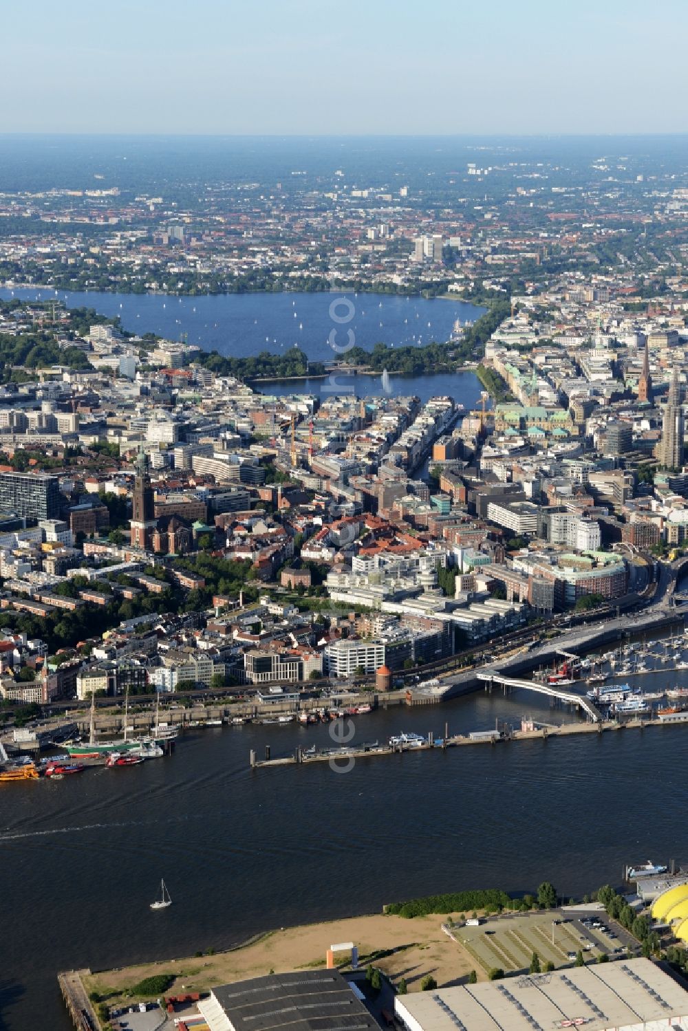 Hamburg from above - City view of downtown area with Hamburger Michel church in Hamburg