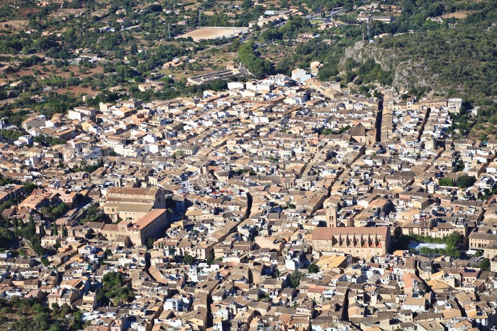 Pollença from the bird's eye view: City view of downtown area with church and convent in Pollenca Mallorca in Balearic Islands, Spain