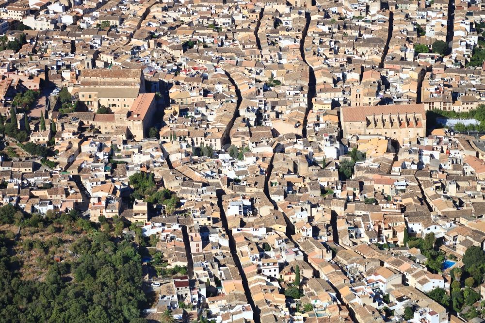 Aerial image Pollença - City view of downtown area with church and convent in Pollenca Mallorca in Balearic Islands, Spain