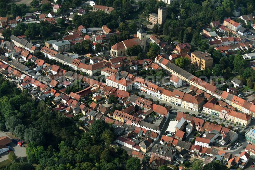 Greußen from the bird's eye view: City view of downtown area with the St. Martini-Church and town hall in Greussen in the state Thuringia