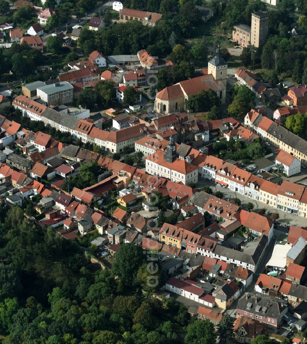 Aerial image Greußen - City view of downtown area with the St. Martini-Church and town hall in Greussen in the state Thuringia