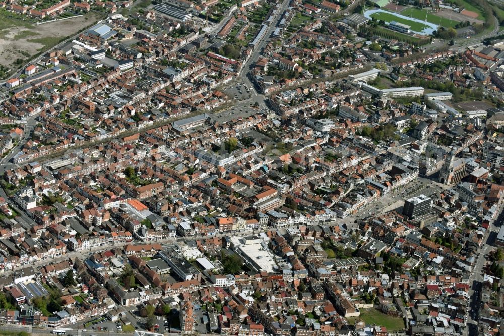 Lens from the bird's eye view: City view of downtown area Lens in Nord-Pas-de-Calais Picardy, France