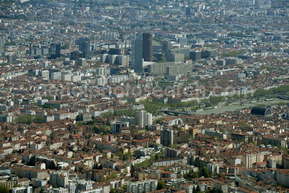 Lyon from the bird's eye view: City view of downtown area in Lyon in Auvergne Rhone-Alpes, France