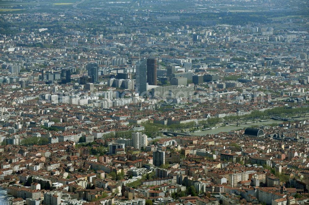 Aerial image Lyon - City view of downtown area in Lyon in Auvergne Rhone-Alpes, France