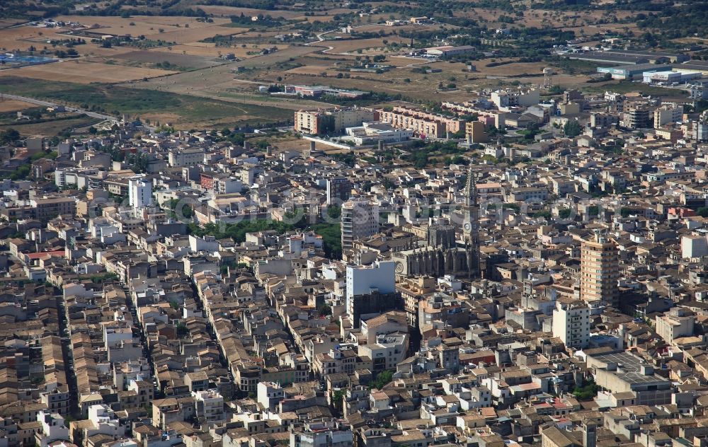 Manacor from above - City view of downtown area Manacor with church Nostra Senyora dels Dolors in Mallorca in Balearic Islands, Spain