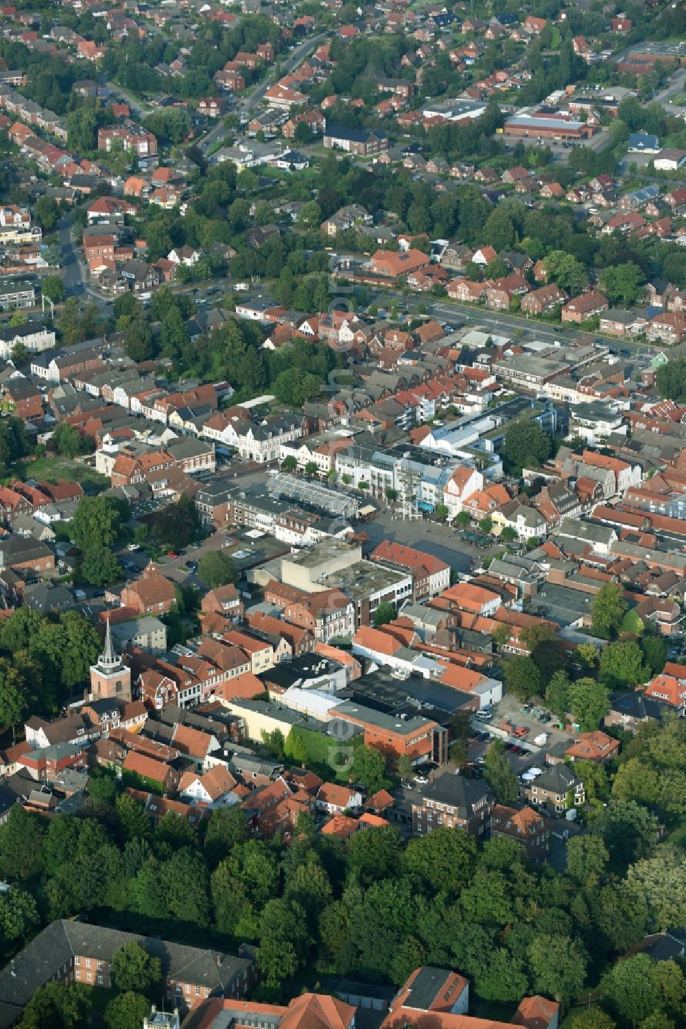 Aerial image Aurich - City view of downtown area near the market - Burgstrasse in Aurich in the state Lower Saxony