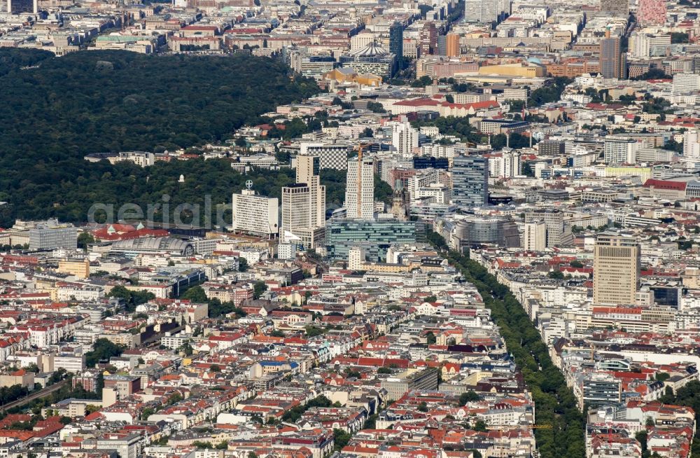 Aerial photograph Berlin - City view of downtown area Mitte in Berlin including Tiergarten, Potsdamer Platz und Leipziger Platz. Additional the districts of Charlottenburg, Wilmersdorf, Schoeneberg, Neukoelln, Mitte, Kreuzberg