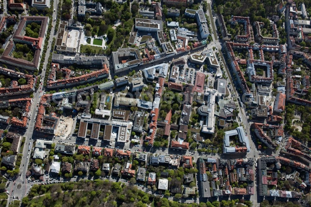 München from the bird's eye view: City view of downtown area Prinzregentenstrasse - Einsteinstrasse - Schneckenburgerstrasse in the district Steinhausen in Munich in the state Bavaria