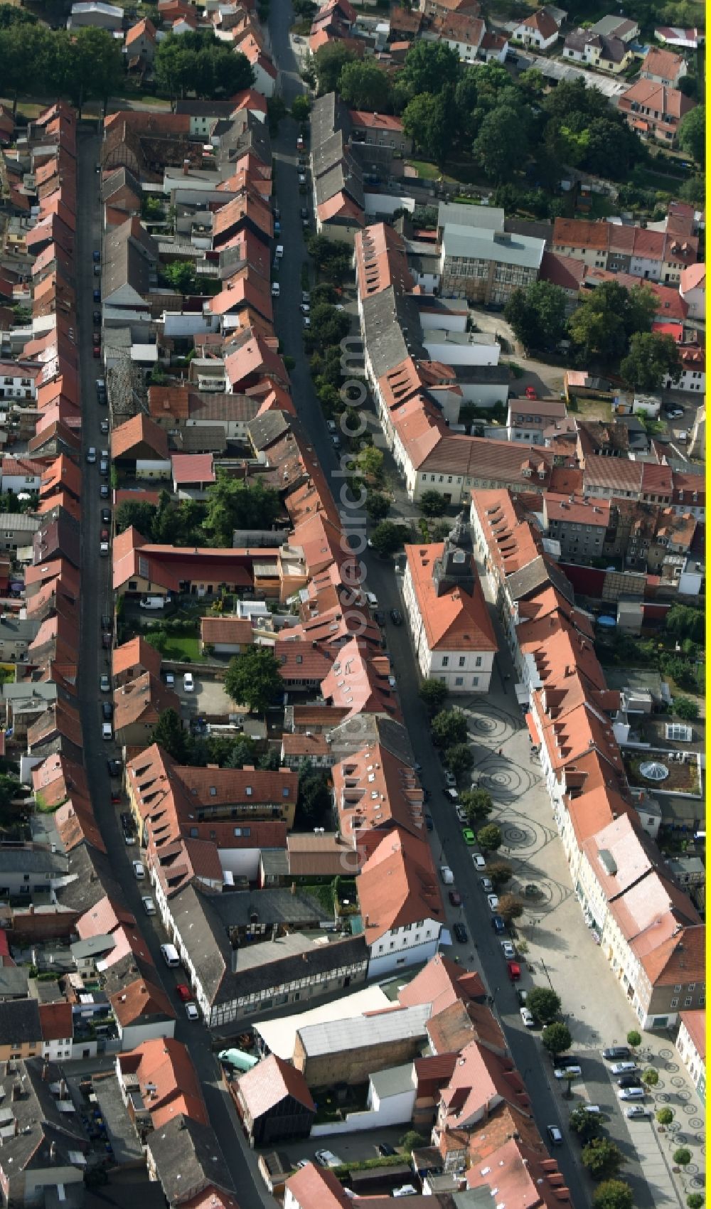 Aerial image Greußen - City view of downtown area with town hall at the market square in Greussen in the state Thuringia