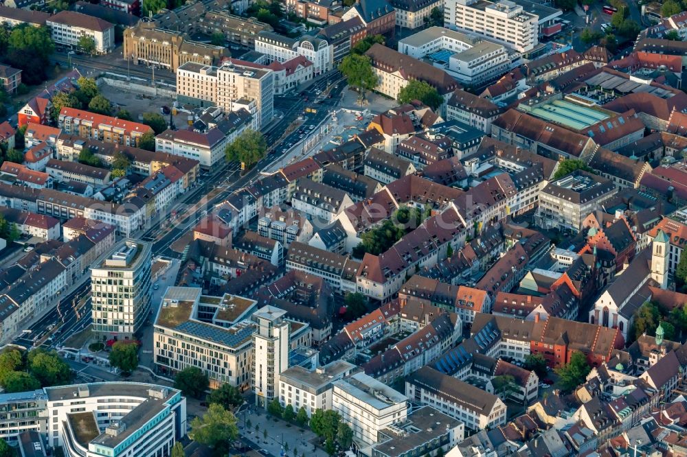 Aerial image Freiburg im Breisgau - City view of downtown area Rotteckring Siegesdenkmal in Freiburg im Breisgau in the state Baden-Wurttemberg, Germany