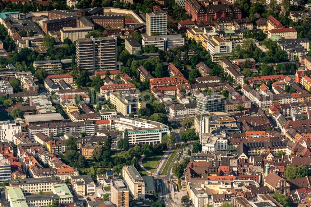 Aerial image Freiburg im Breisgau - City view of downtown area Rotteckring Siegesdenkmal in Freiburg im Breisgau in the state Baden-Wurttemberg, Germany