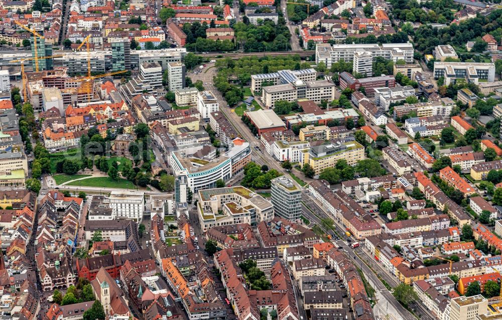 Aerial image Freiburg im Breisgau - City view of downtown area Rotteckring Siegesdenkmal in Freiburg im Breisgau in the state Baden-Wurttemberg, Germany