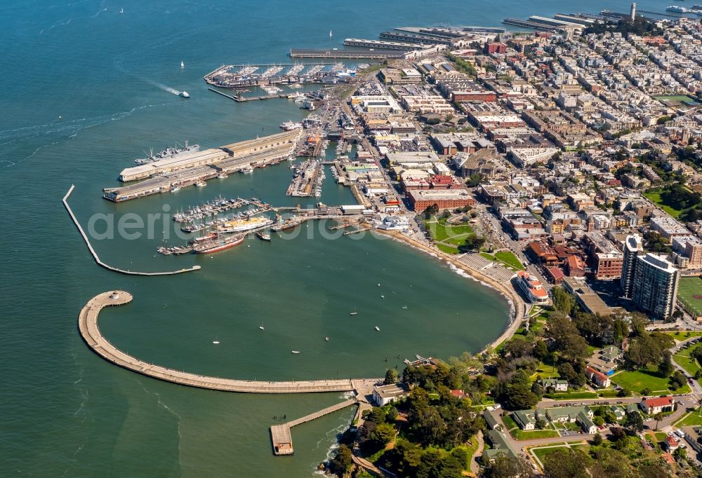 Aerial image San Francisco - City view of downtown area on San Francisco Maritime National Historical Park in San Francisco in California, USA