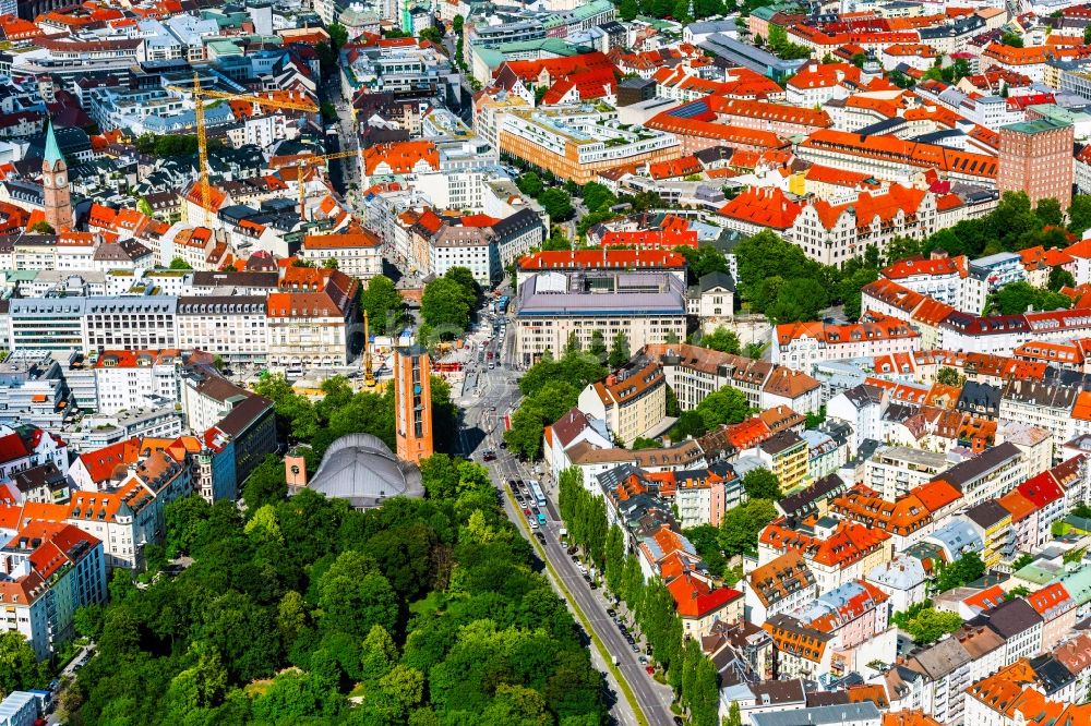 München from above - City view of downtown area on Sendlinger Tor in the district Ludwigsvorstadt-Isarvorstadt in Munich in the state Bavaria, Germany