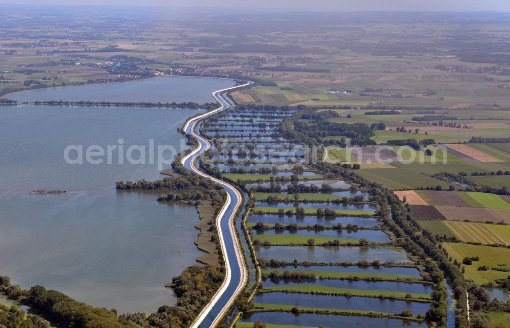 Ismaning from above - City view of downtown area on lake Speichersee in Ismaning in the state Bavaria, Germany