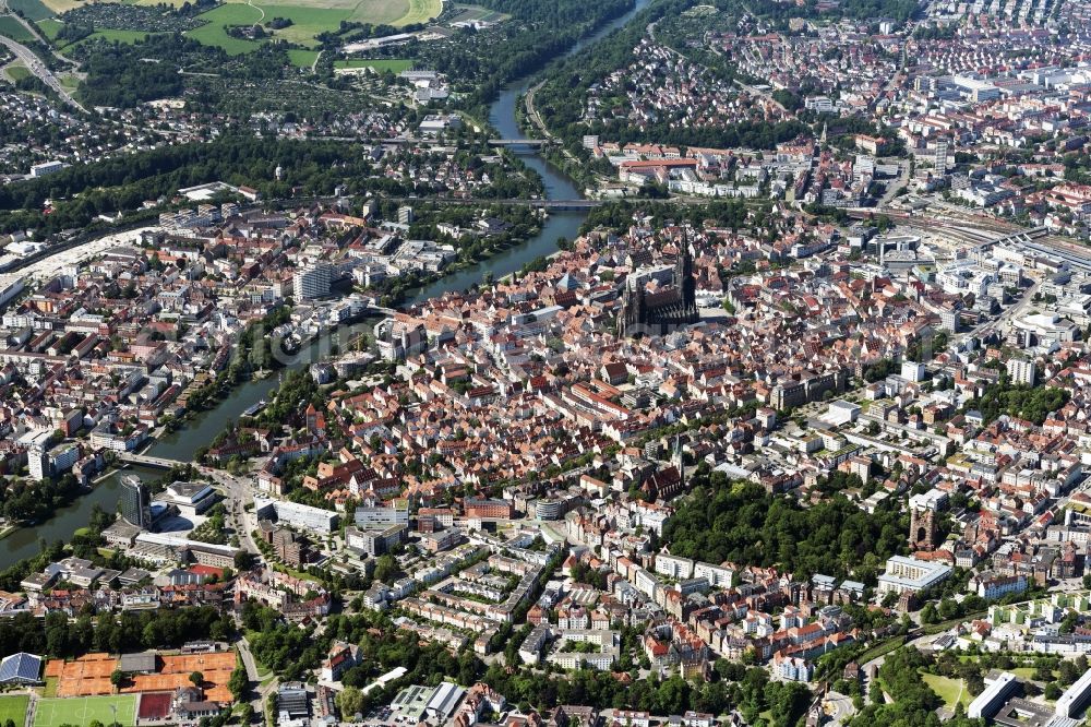 Aerial image Ulm - City view of downtown area with Ulmer Muenster in Ulm in the state Baden-Wurttemberg, Germany