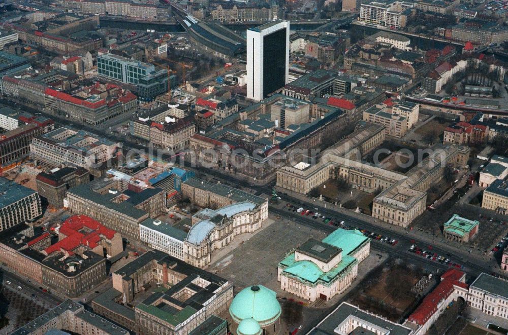 Berlin from the bird's eye view: City view of downtown area at the Bebelplatz with the Staatsoper and the Humboldt University along the street Unter den Linden in Berlin