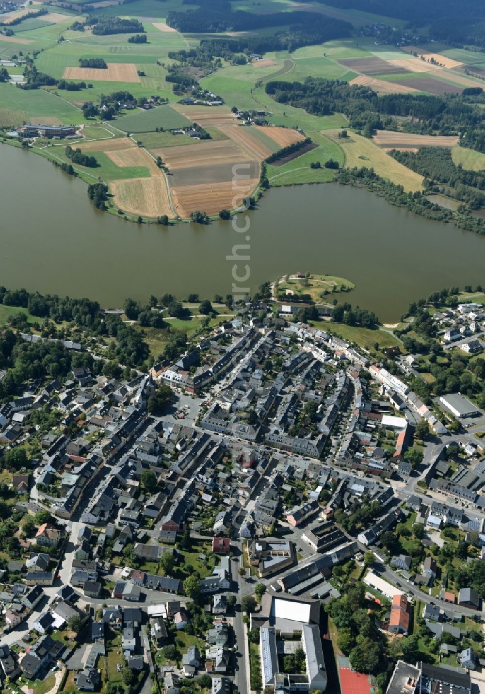 Weißenstadt from above - City view of downtown area at the Weissenstaedter Lake in Weissenstadt in the state Bavaria