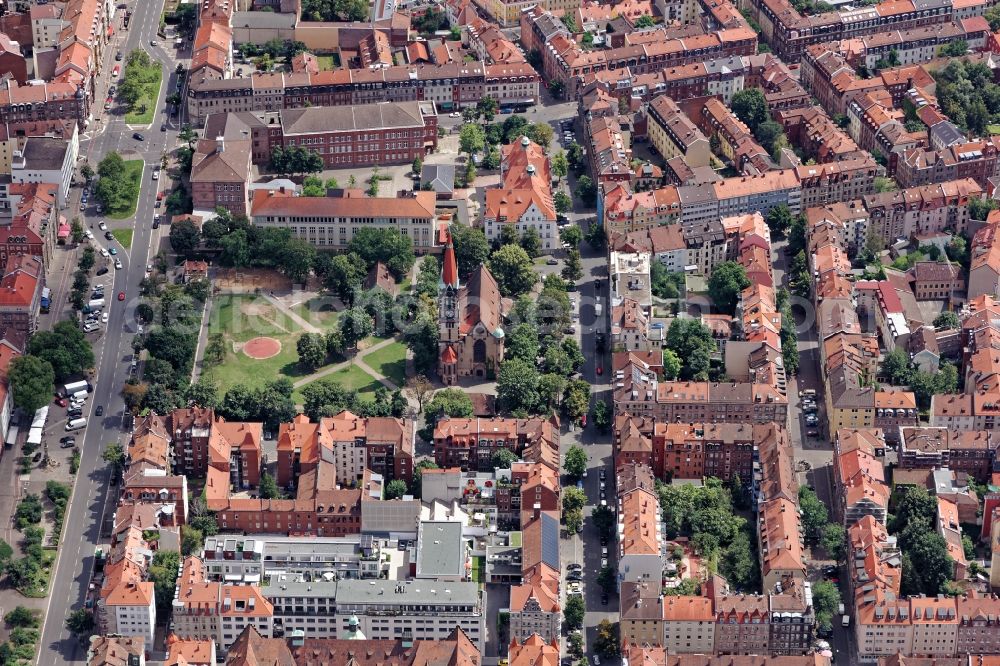 Aerial image Nürnberg - City view of the area of Veit Stoss Platz and Dreifaltigkeitskirche in Nuremberg in the state Bavaria