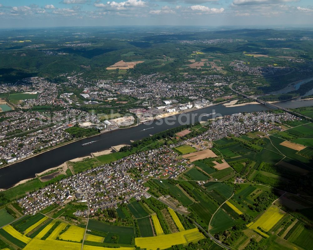 Kaltenengers from the bird's eye view: Cityscape of Kaltenengers and St.Sebastian the river course of the Rhine in the State of Rhineland-Palatinate