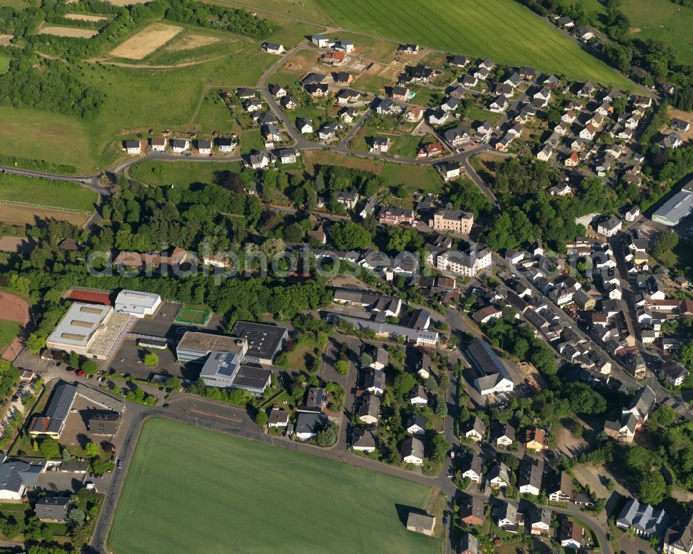 Katzenelnbogen from above - View of the town of Katzenelnbogen in the state of Rhineland-Palatinate. The small town is an official tourist resort in the county district of Rhine-Lahn. It is located in the Einrich region on Nature Park Nassau