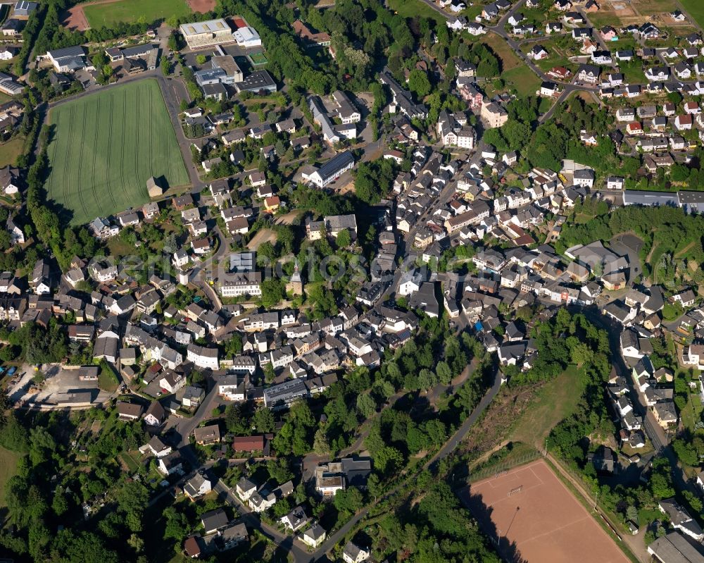 Katzenelnbogen from the bird's eye view: View of the town of Katzenelnbogen in the state of Rhineland-Palatinate. The small town is an official tourist resort in the county district of Rhine-Lahn. It is located in the Einrich region on Nature Park Nassau