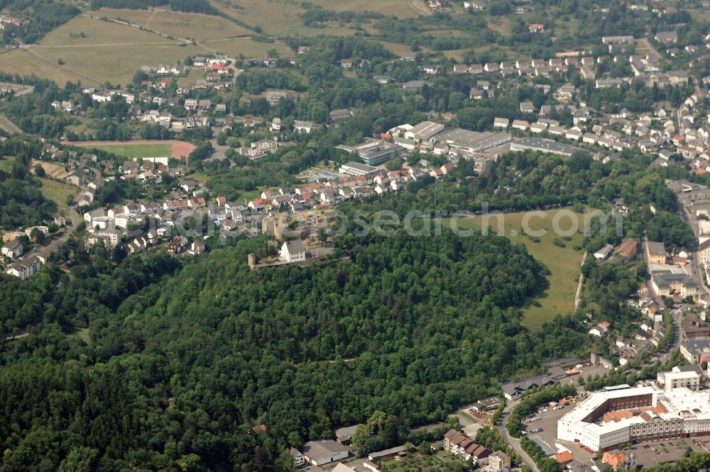 Kirn from above - Cityscape of Kirn in Rhineland-Palatinate. Kirn is located on the river Nahe in the district of Bad Kreuznach in Rhineland-Palatinate. Kirn is the seat of the collective municipality Kirn-Land