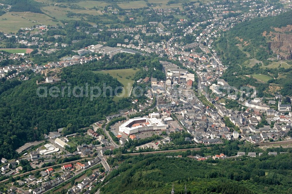 Kirn from the bird's eye view: Cityscape of Kirn in Rhineland-Palatinate. Kirn is located on the river Nahe in the district of Bad Kreuznach in Rhineland-Palatinate. Kirn is the seat of the collective municipality Kirn-Land