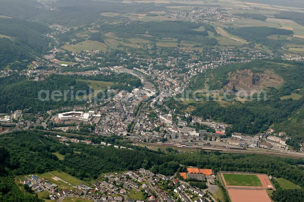 Kirn from above - Cityscape of Kirn in Rhineland-Palatinate. Kirn is located on the river Nahe in the district of Bad Kreuznach in Rhineland-Palatinate. Kirn is the seat of the collective municipality Kirn-Land