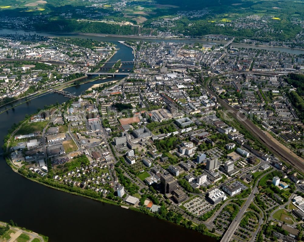 Koblenz from the bird's eye view: View of Koblenz in the state Rhineland-Palatinate. The large town is characterised by the rivers Rhine and Moselle which shape the image of the city and its surrounding landscape