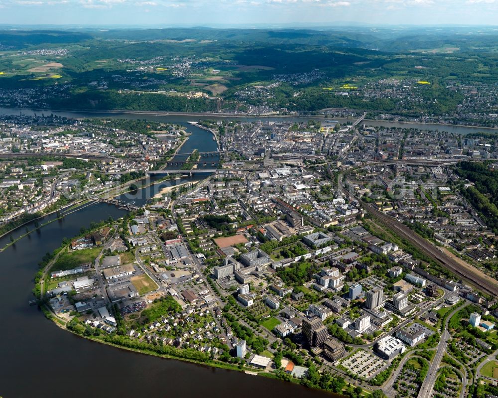 Aerial image Koblenz - View of Koblenz in the state Rhineland-Palatinate. The large town is characterised by the rivers Rhine and Moselle which shape the image of the city and its surrounding landscape