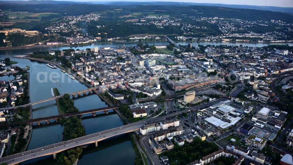 Aerial image Koblenz - Cityscape of Koblenz with the Europabruecke, the Moseleisenbahnbruecke and the Balduinbruecke in the foreground in the state Rhineland-Palatinate, Germany